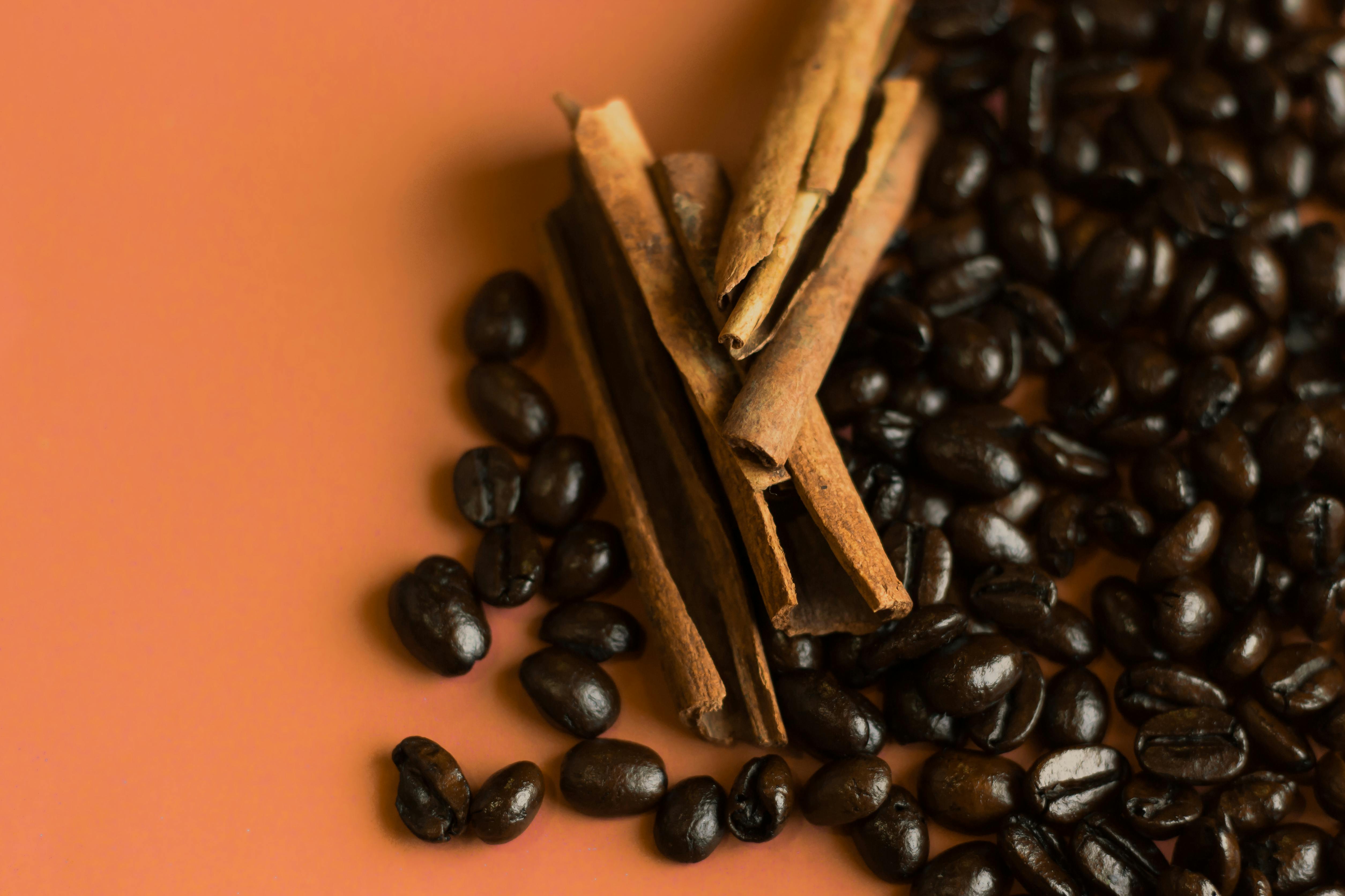 popular flavored coffee recipes - Aromatic cinnamon sticks and coffee beans artfully arranged on a warm orange background.