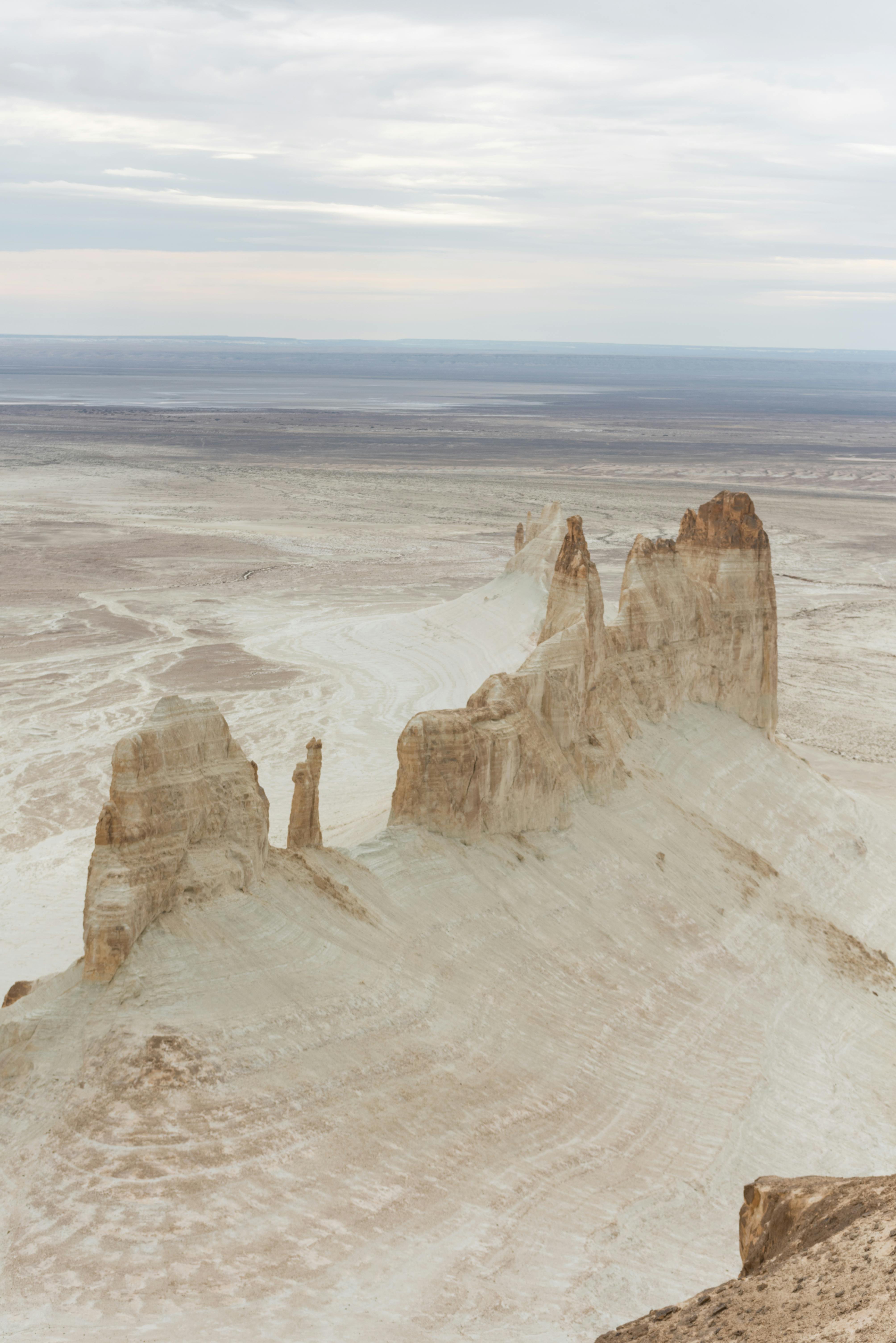 Majestic rock pinnacles in Bozzhyra Gorge, Mangystau Region, Kazakhstan.