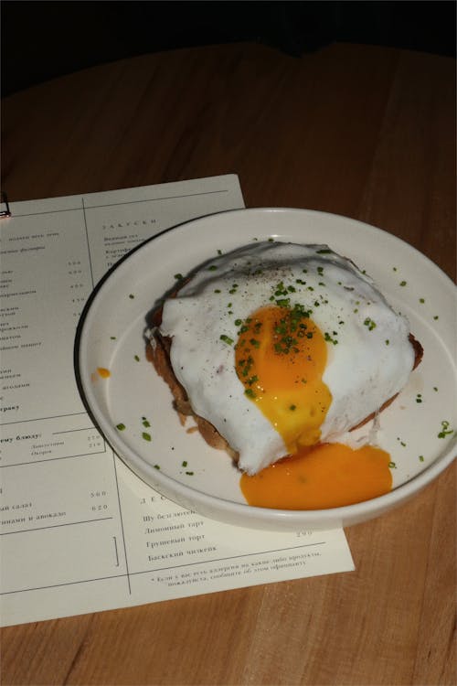 A plate with an egg on top of toast