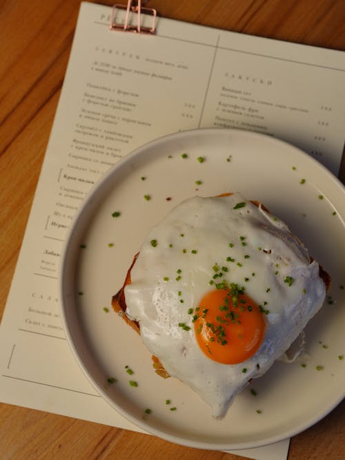 A plate with an egg on top of a piece of toast