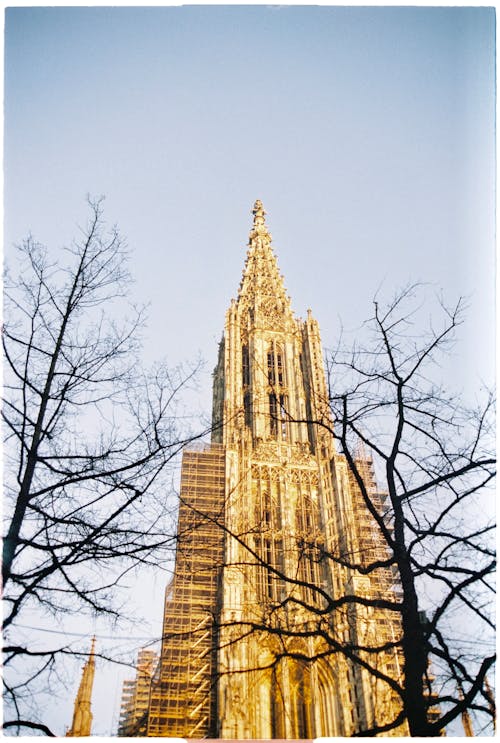 A tall building with a spire in the background