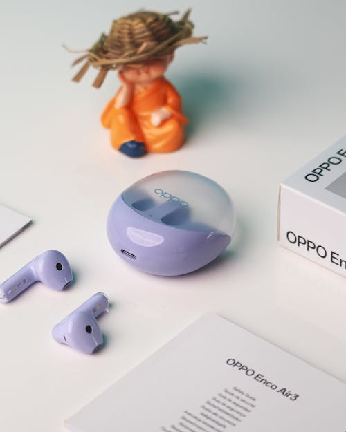 A purple box with a purple airpods and a figurine