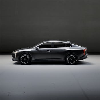 Sleek electric car showcased in a minimalist indoor studio setting, highlighting design and innovation.