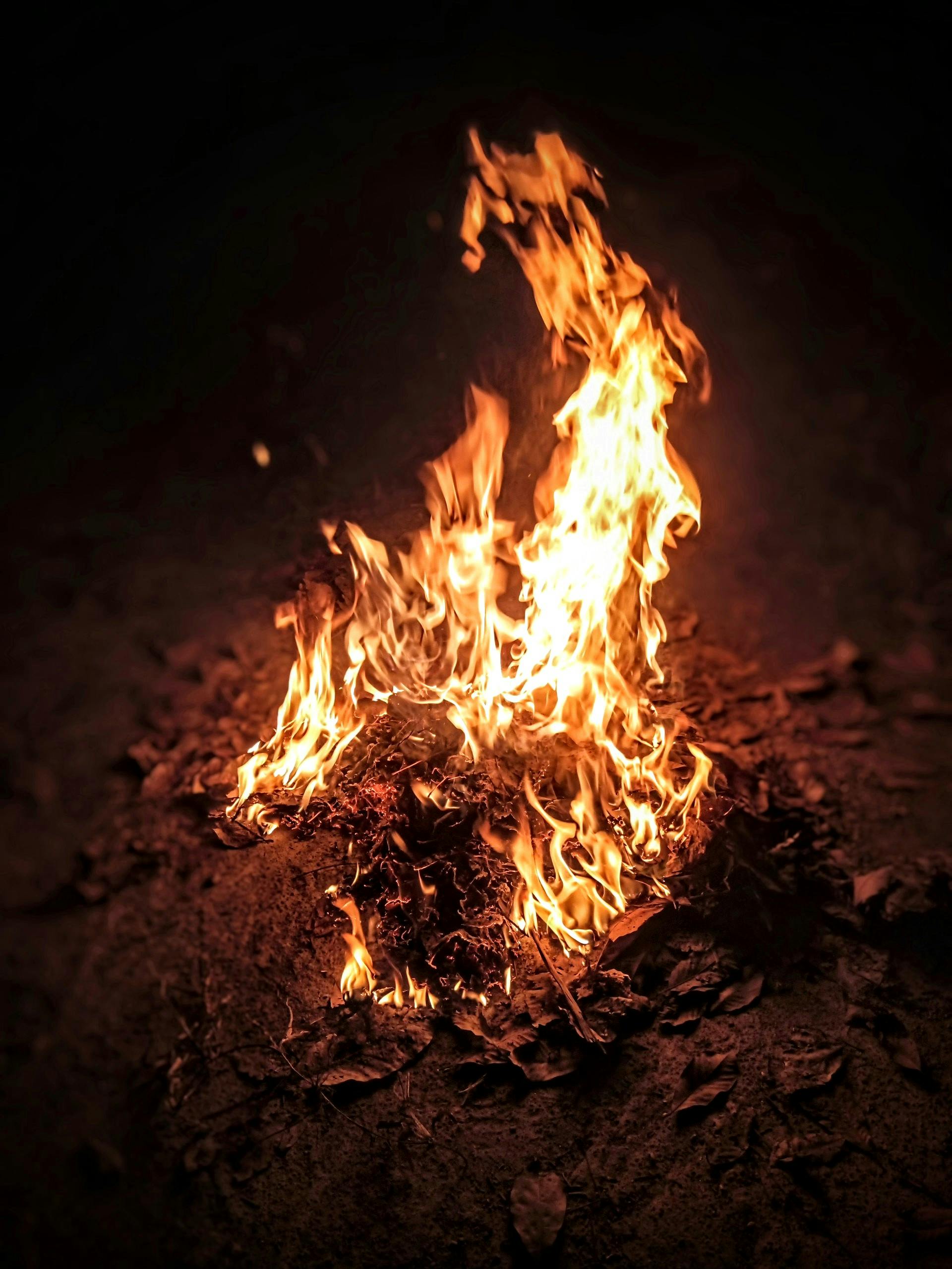A glowing fire at night, igniting a pile of dry leaves with bright, warming flames.