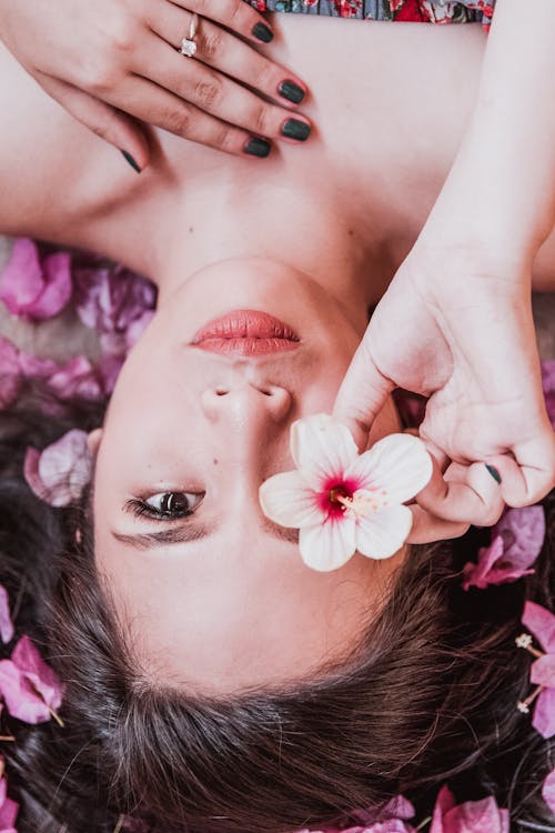 女人拿著粉紅色的花的照片