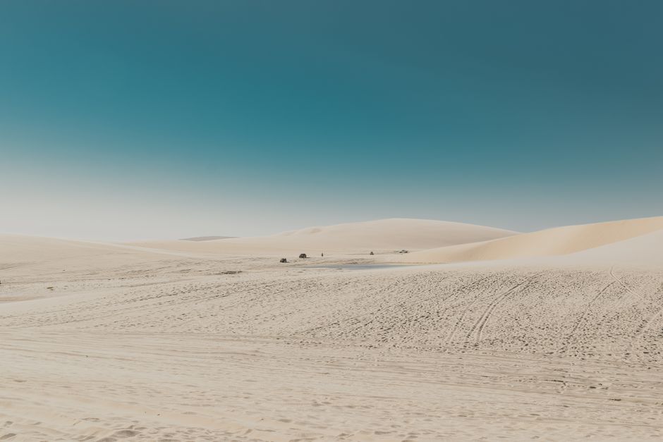 Vast desert landscape with rolling dunes and a bright blue sky, showcasing nature's untouched beauty.