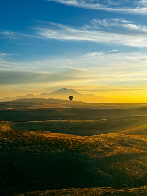 Free A hot air balloon flies over a field at sunset Stock Photo