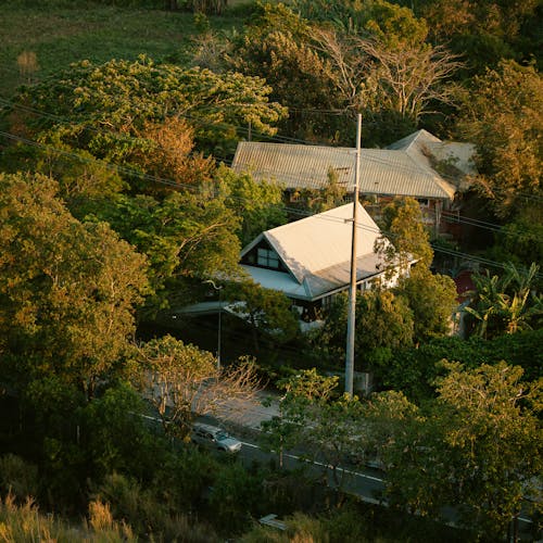 Free A house is surrounded by trees and grass Stock Photo