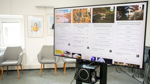 A social wall with live polls on a TV display in a working space