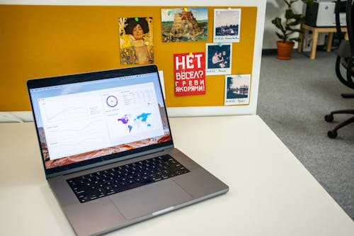 Laptop on a desk in an office with Social Media Analytics Stats on the screen