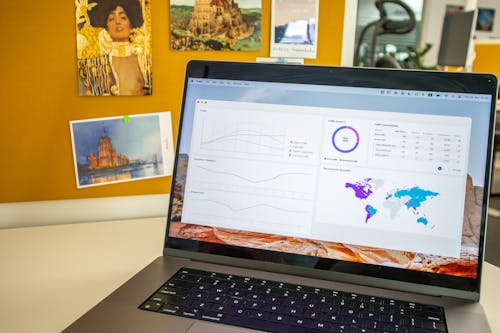 Laptop on a desk in an office with Social Media Analytics Stats on the screen