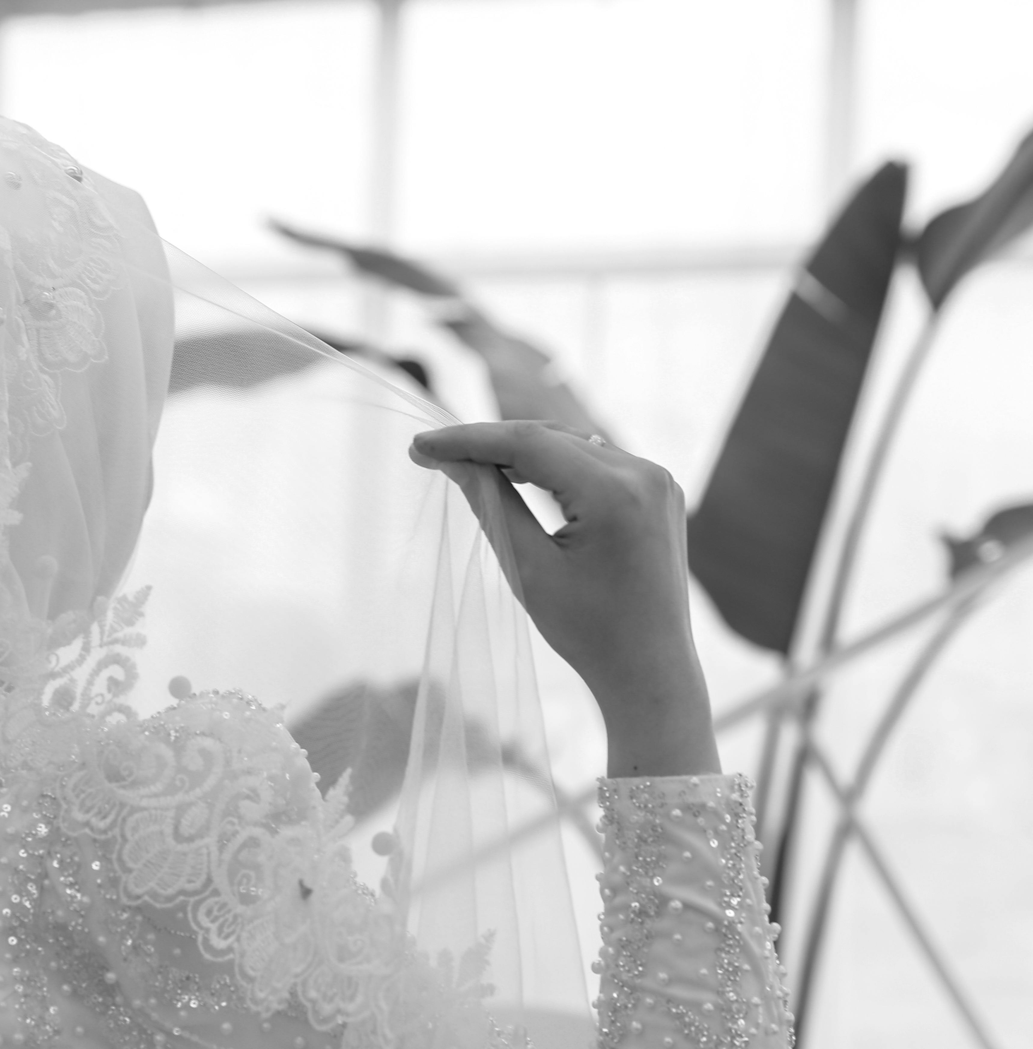 Back view of a Muslim bride in hijab and veil