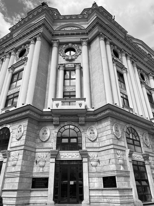Free Black and white photo of an ornate neoclassical building in Skopje, North Macedonia. Stock Photo