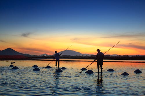 Silueta, De, Dos Hombres, Pesca, En, Cuerpo De Agua