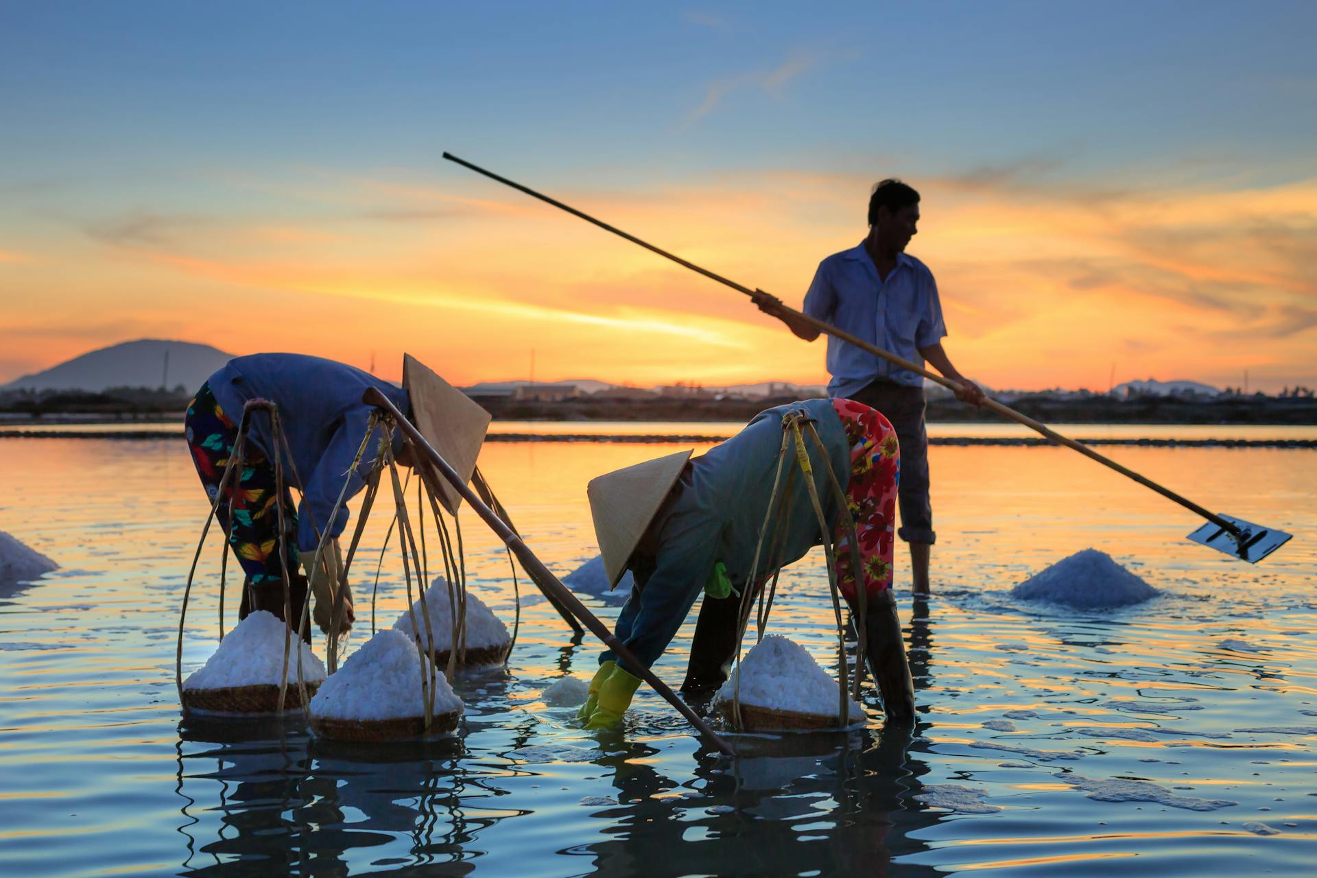 Men Collecting Salts during Golden Hour