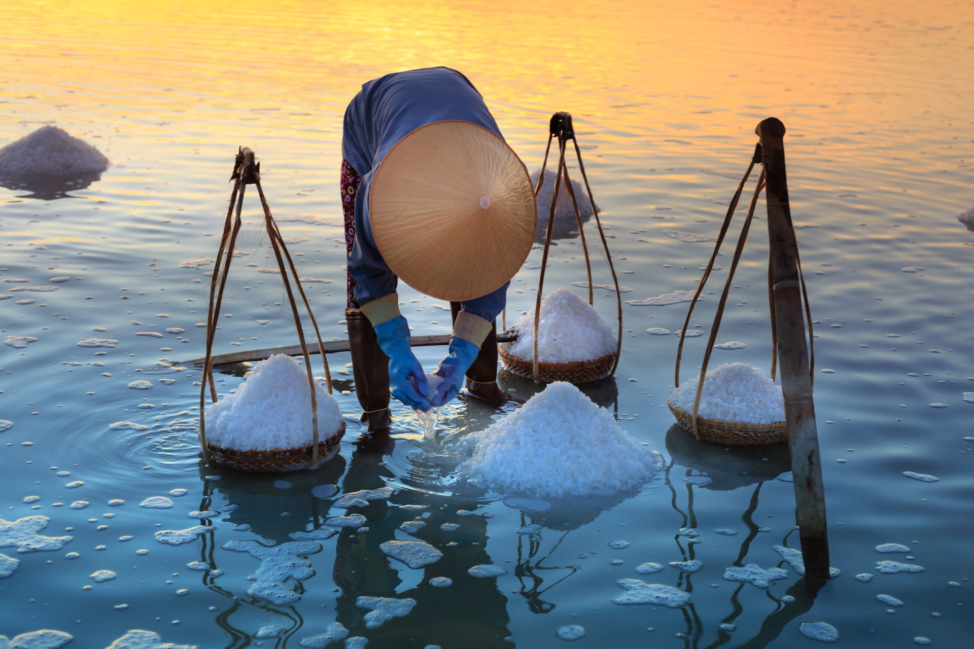 Person Collecting Salt on Body of Water