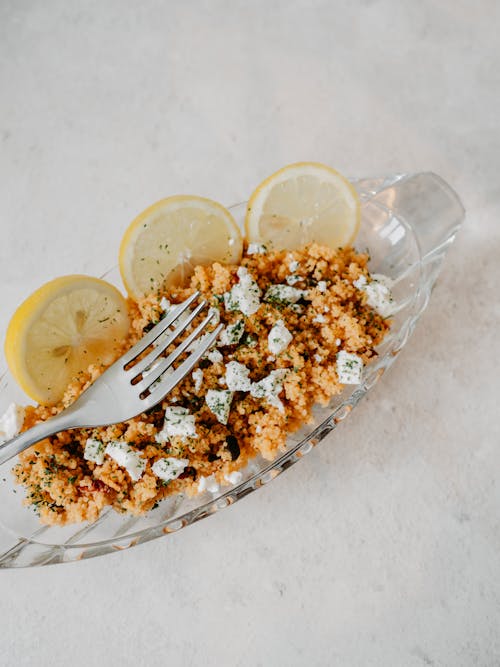 Couscous with Cheese and Lemon on Plate