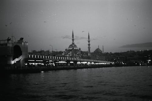 A black and white photo of a mosque at night
