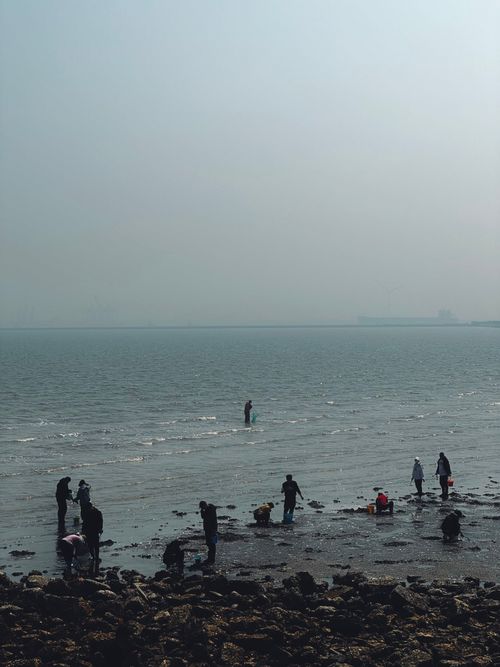 Free A serene scene of people exploring a rocky shoreline in misty weather at Baoshui District, Tianjin, China. Stock Photo