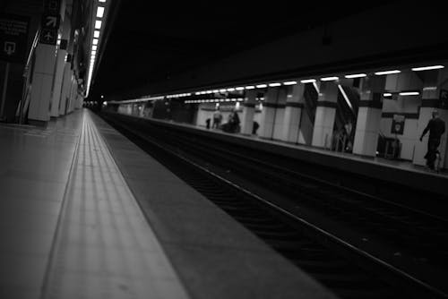 Mensen Lopen Op Treinstation Grijstintenfotografie