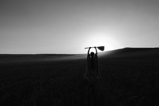 A striking silhouette of a musician holding a guitar in a vast desert at sunset.