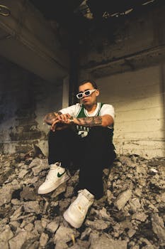 Stylish man with tattoos posing in grungy urban setting with rubble.