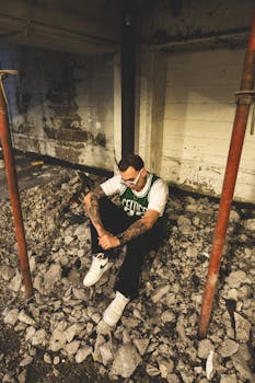 Tattooed man in sports jersey seated on rubble in an urban setting.