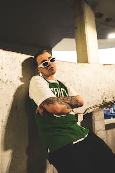 Street style portrait of tattooed man with sunglasses against concrete backdrop.