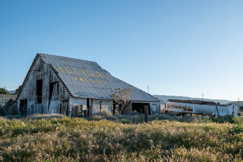 An old barn sits in the middle of a field