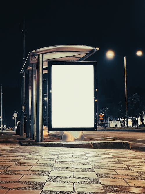 Billboard Bus Stop Advertisement On Night Street Blank Mockup