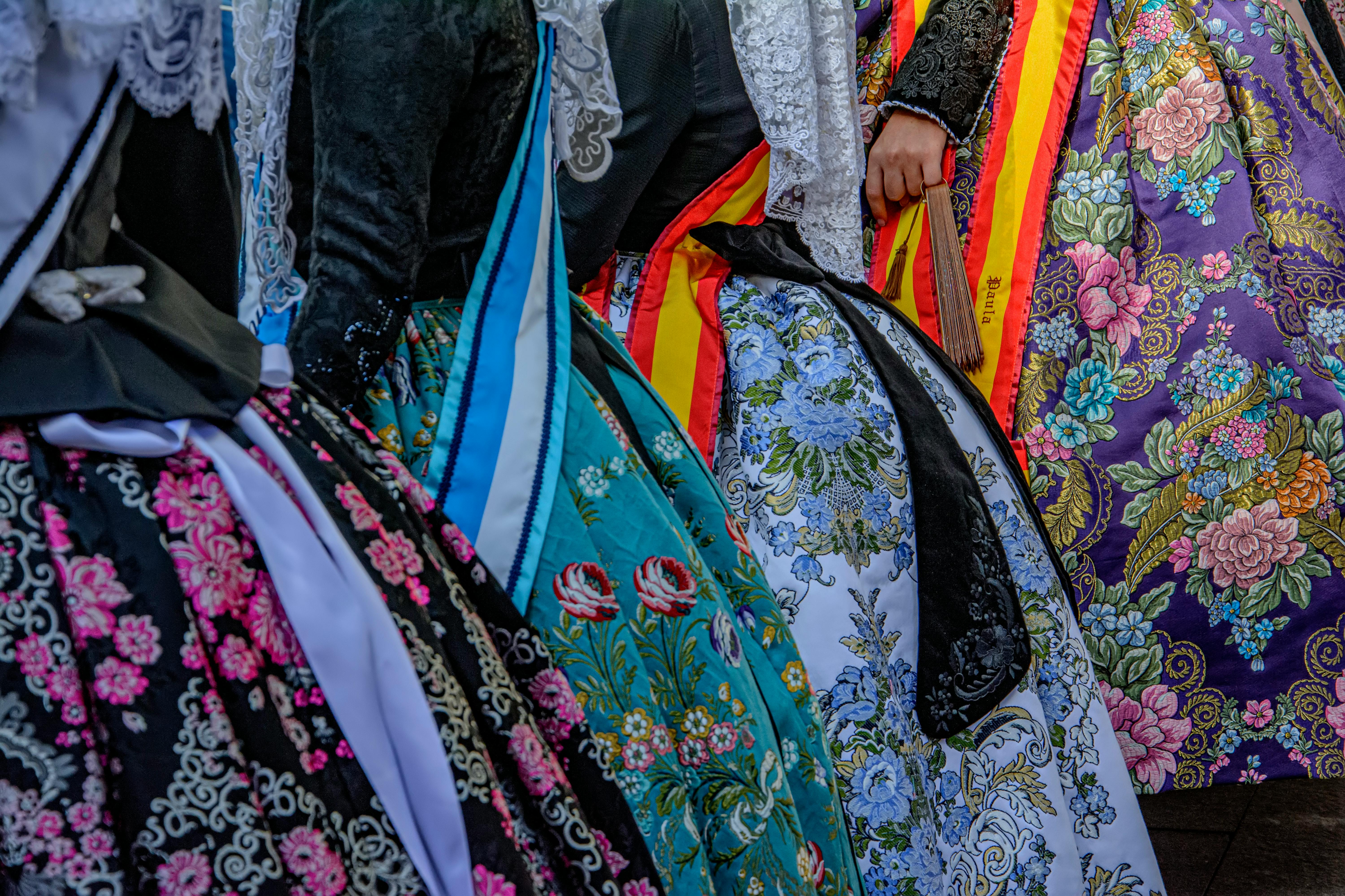 Close-up of Women Wearing Traditional Embroidered Valencian Dresses