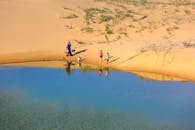 在一片宁静的绿洲，儿童和成人在沙质海岸线上散步，映照出鲜艳的色彩