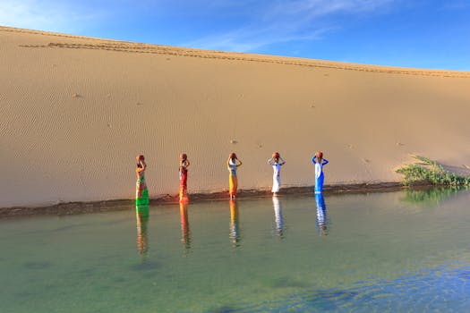 五个充满活力的人物站在一片宁静的绿洲旁，绿洲位于广阔的沙漠中