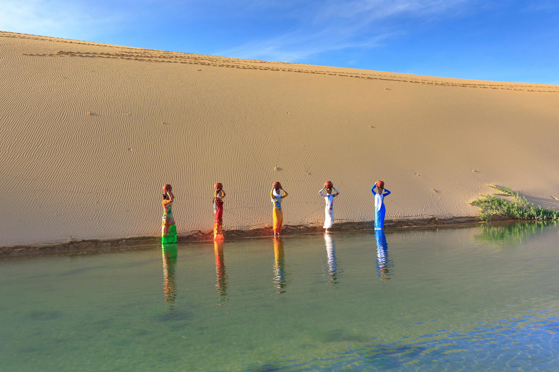 Five vibrant figures stand by a serene oasis in a vast desert setting.