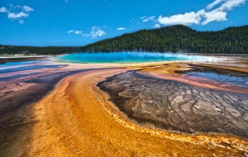 Free Breathtaking view of Grand Prismatic Spring's colorful geothermal features in Yellowstone National Park. Stock Photo