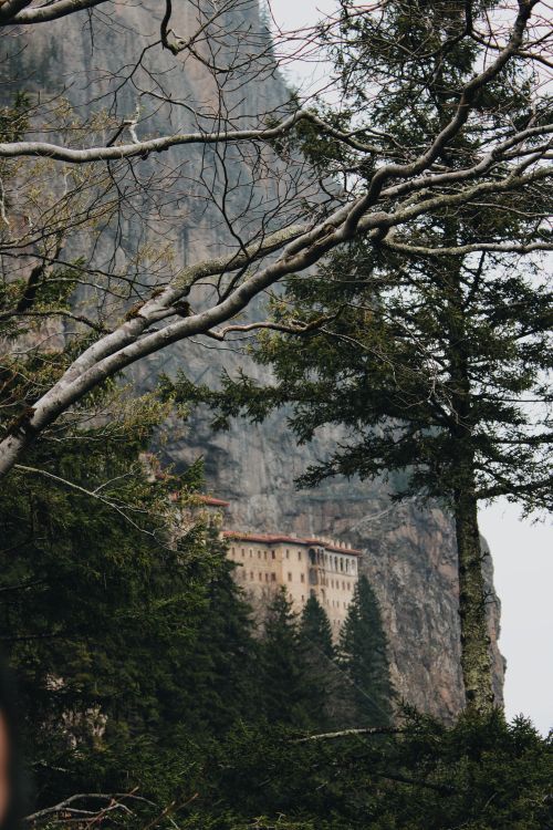 Free Scenic view of Sumela Monastery nestled in Trabzon's rugged cliffs, Turkey. Stock Photo