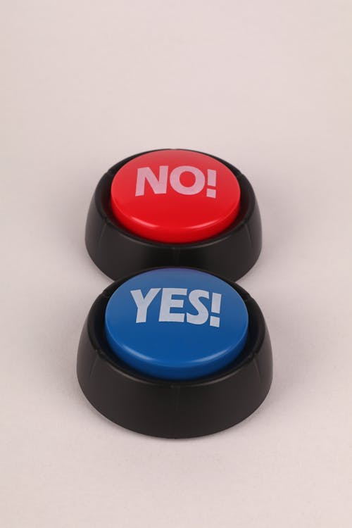 Two red and blue buttons with the word yes and no