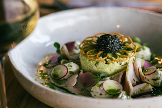 Luxurious gourmet dish featuring caviar and artistic plating, perfect for fine dining imagery.