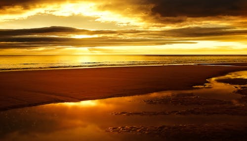 Ilmainen kuvapankkikuva tunnisteilla auringonlasku, hiekkaranta, keltainen taivas