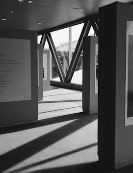 这张现代室内的黑白照片，展现了几何阴影与玻璃窗的景致