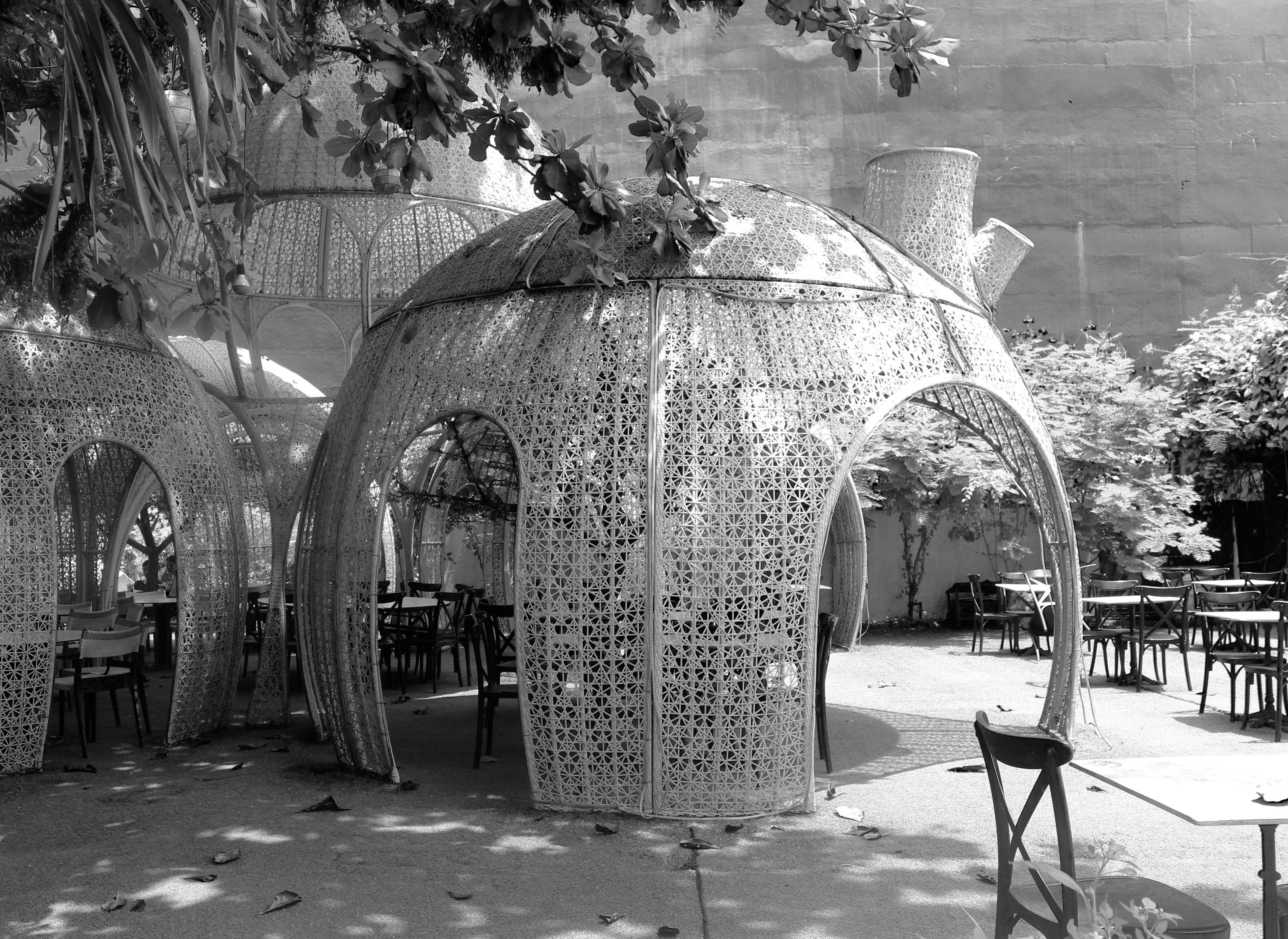 Elegant outdoor domes and seating area at a Cebu City restaurant, Philippines.