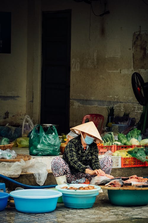 A woman in a vietnamese hat is selling fish