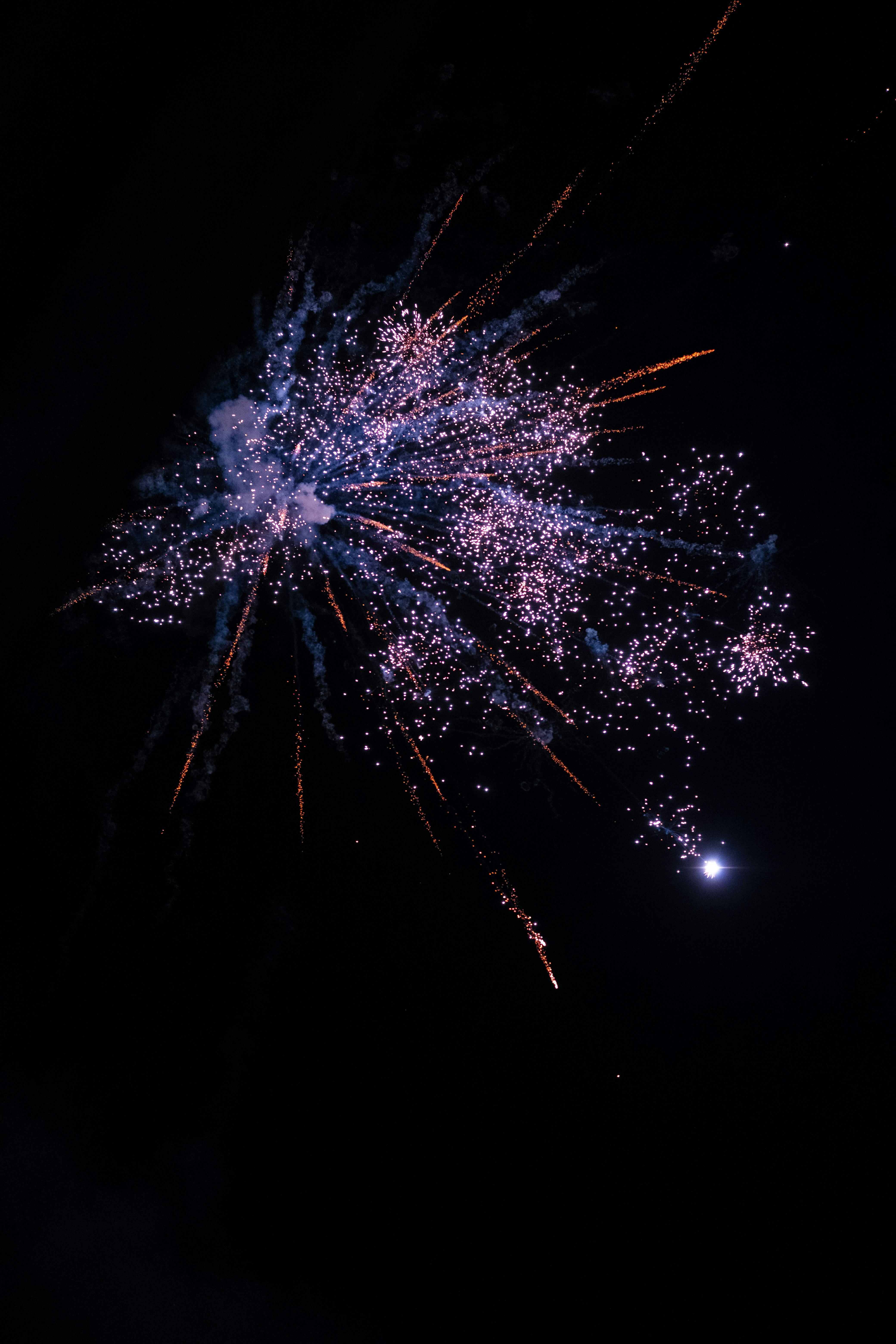 Explosive fireworks burst against the dark night sky, illuminating the scene with colorful sparks.