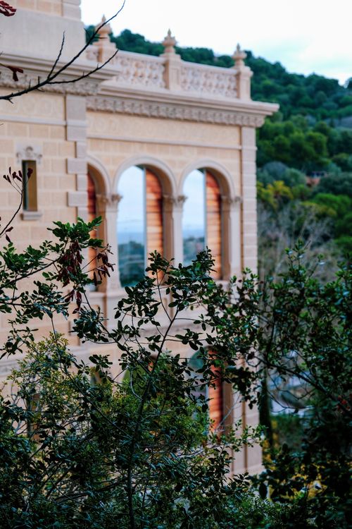 Free A beautifully detailed historic facade surrounded by lush greenery, creating a serene and timeless scene. Stock Photo