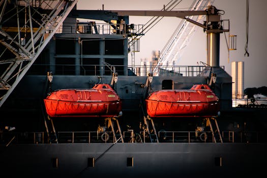 特写镜头展示了一艘船的侧面，上面附着两艘充满活力的橙色救生艇