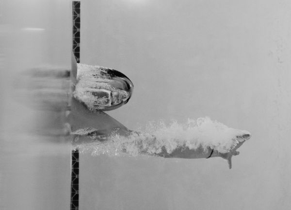 Swimmer diving underwater in grayscale