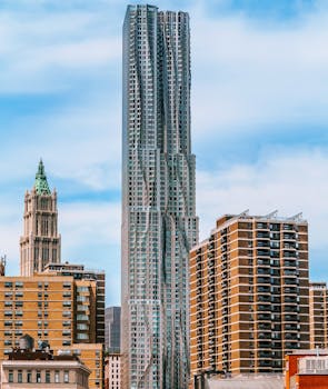 纽约市的天际线上，现代摩天大楼映衬着蓝天，令人惊叹