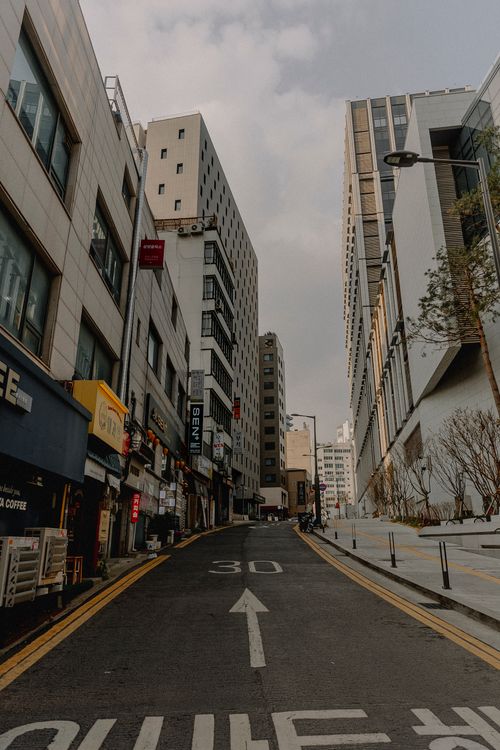 Free Street view in Seoul showcasing urban architecture and city life. Stock Photo