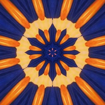 万花筒设计采用艺术抽象手法，呈现出充满活力的橙色与蓝色