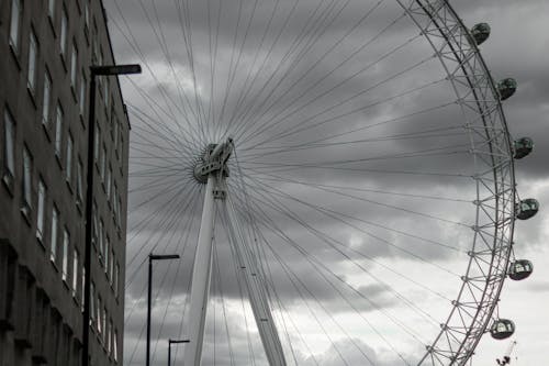 A large ferris wheel is in the middle of a city